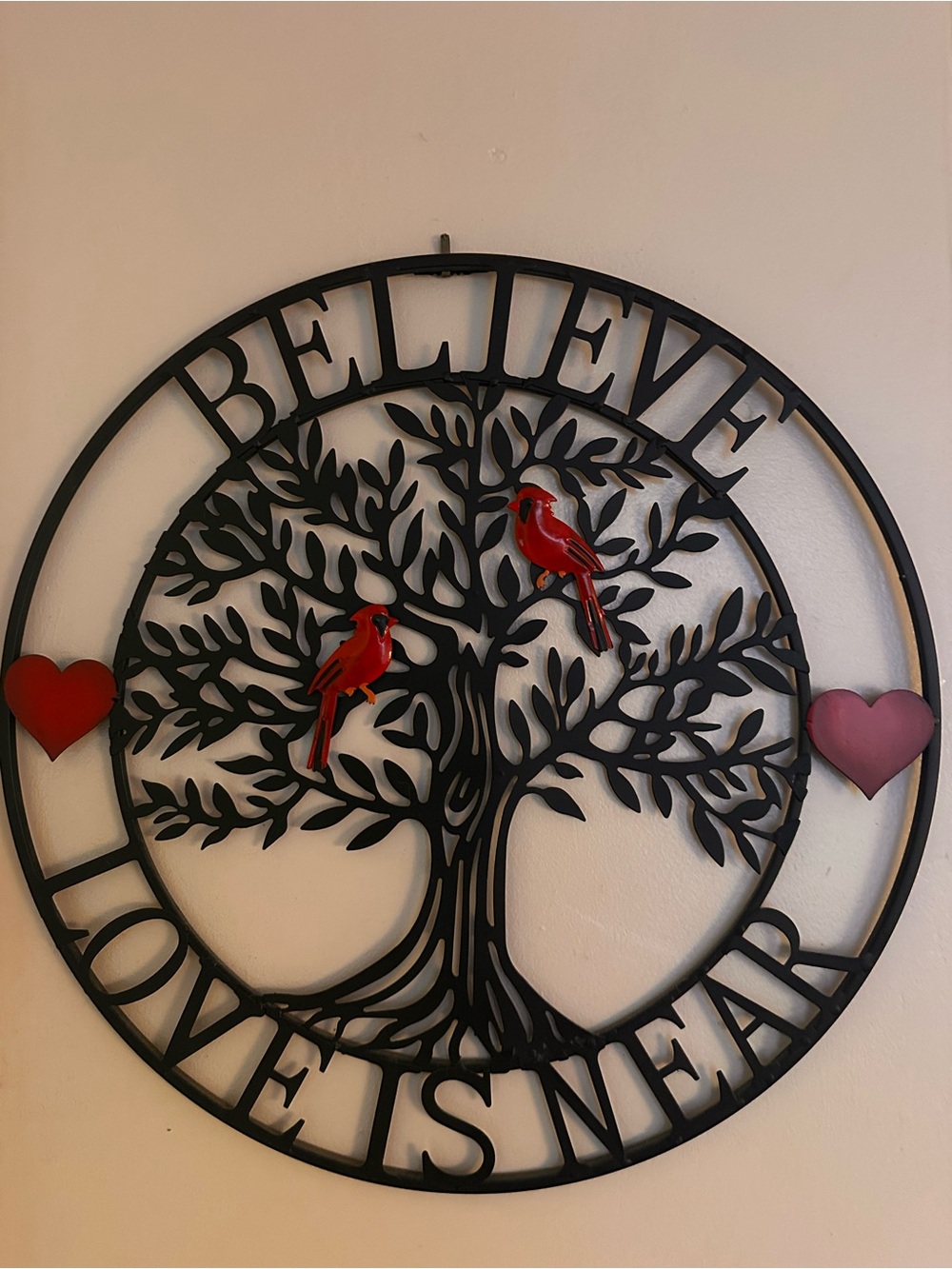 Black Metal 'Believe Love Is Near' Wall Tree Decor with Red Cardinals